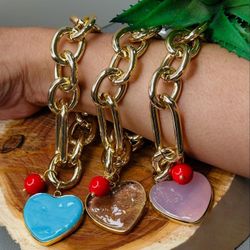 Stainless steel chain bold chunky links with murano glass heart charm