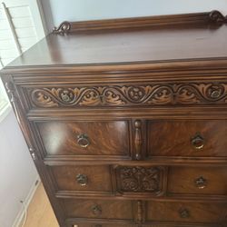 Antique Tall Boy Dresser With A Great Carving 