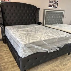 Brand New Black Tufted Upholstered King And Queen Size Platform Bed Frame - Mattress 