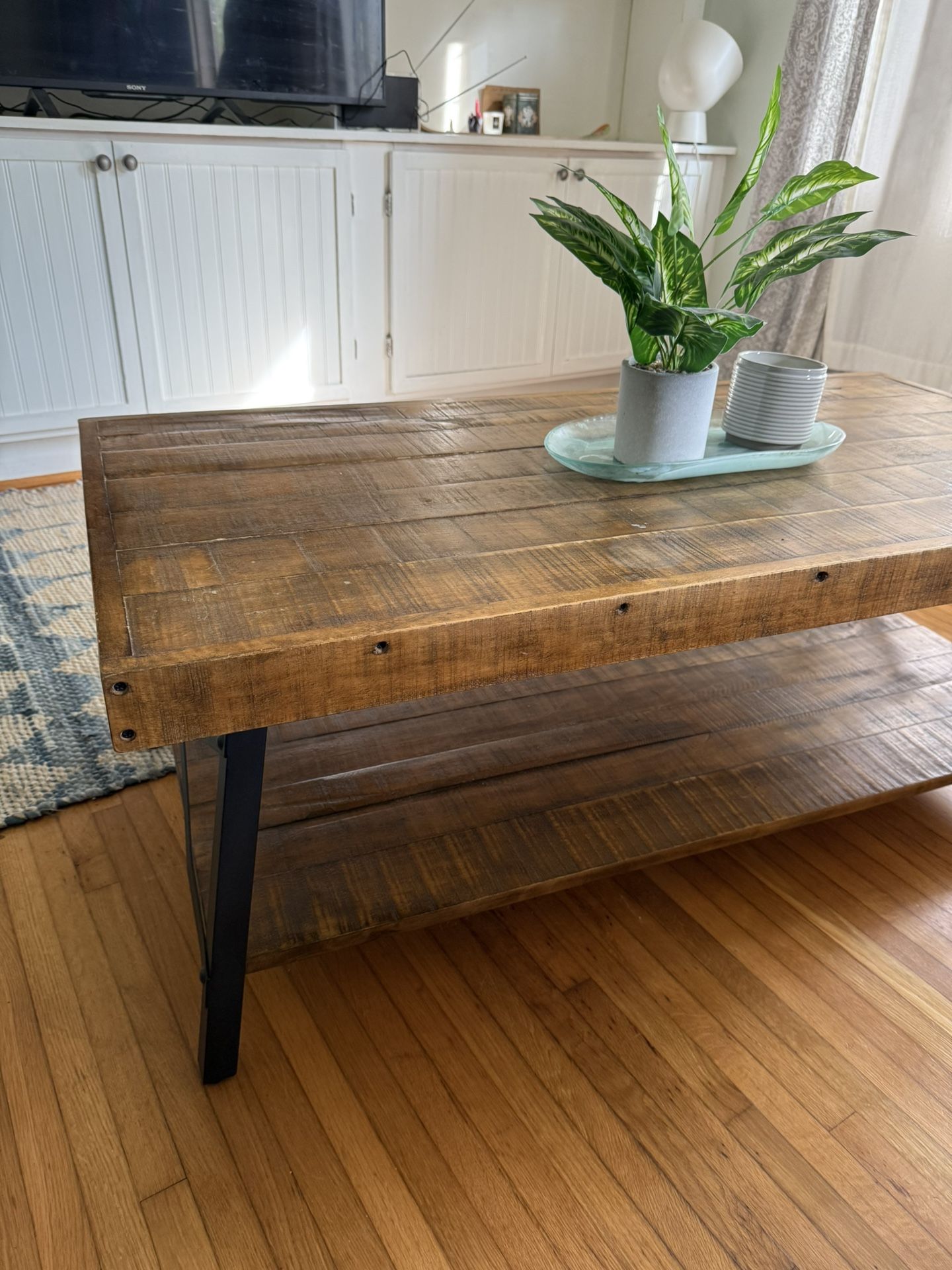 Mid-century rustic wood & iron coffee table