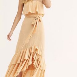 Free People Tavia Endless Summer Smocked Tiered Ruffle Maxi Dress M Peach Boho