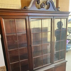 Vintage Mahogany Display Cabinet / Breakfront Bookcase w/ Glass Doors