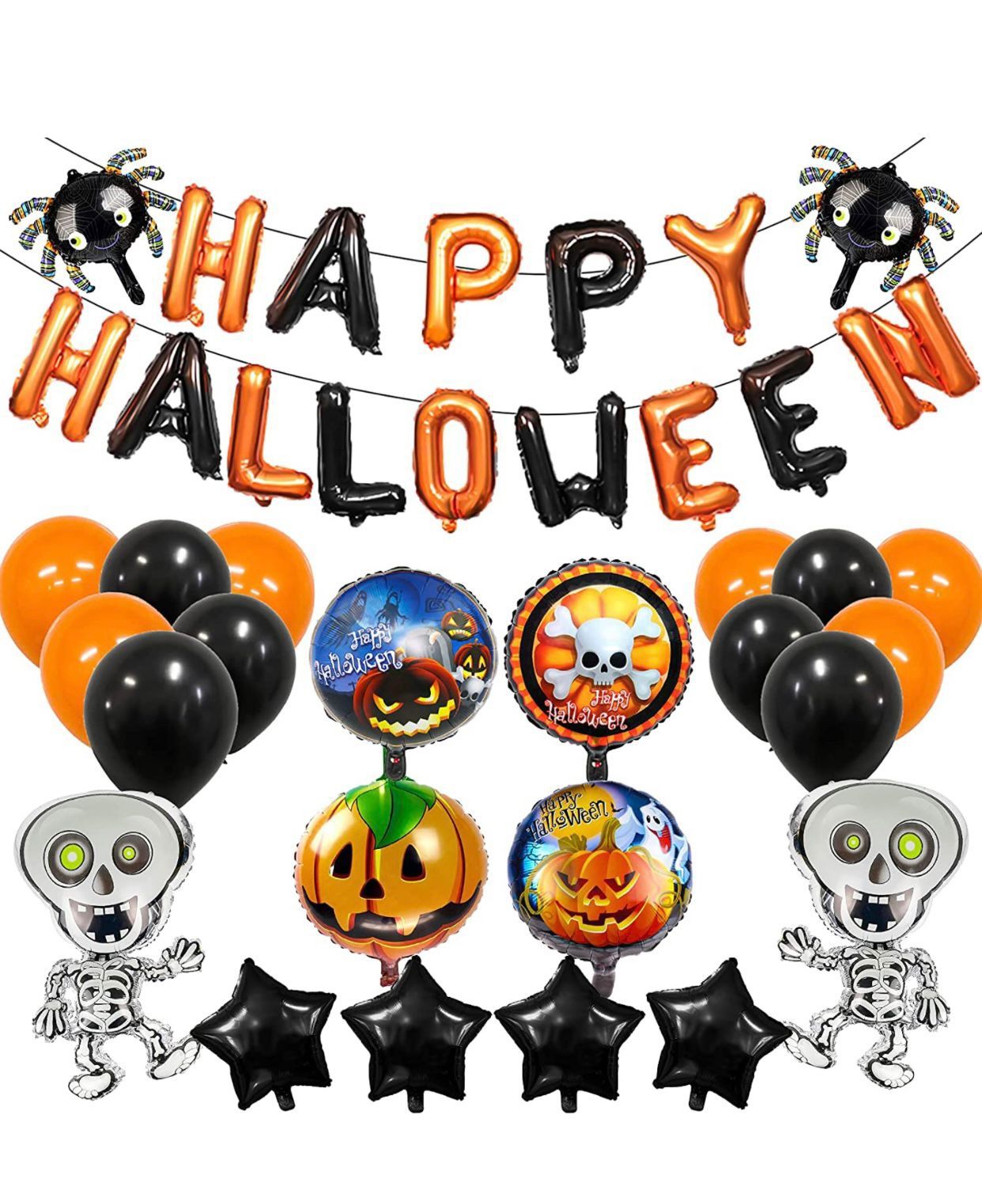 New 38Pcs Halloween Balloons for Halloween Party Decoration with Dancing Skeletons, Pentagram Black,Halloween Pumkin Balls, Spider, Latex Balloons, Al