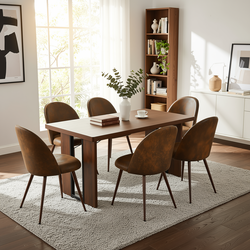 Homy Casa Sorian+Haven 7PC Dining Set 63" Table with 6 Suede Brown Upholstered Chairs Walnut Finish
