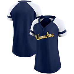 Navy And White Fanatics Branded Milwaukee Brewers V Neck T-Shirt With Gold Letters