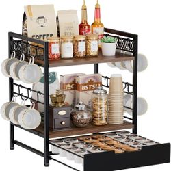 Coffee Bar Organizer, 3 Tier Coffee Station Organizer for Countertop, 30 K Cup Pod Drawer, Mug Cup Holder Stand With 12 Hooks, Multifunctional K Pods 