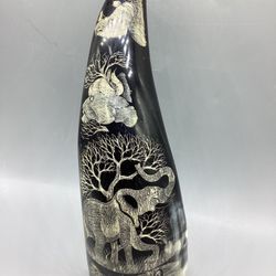 Cow Steer Horn Hand Carved Folk Art Elephant Tiger Panther Jaguar Jungle 11 Inc  This product is a hand-carved figurine made of cow steer horn.  It ha