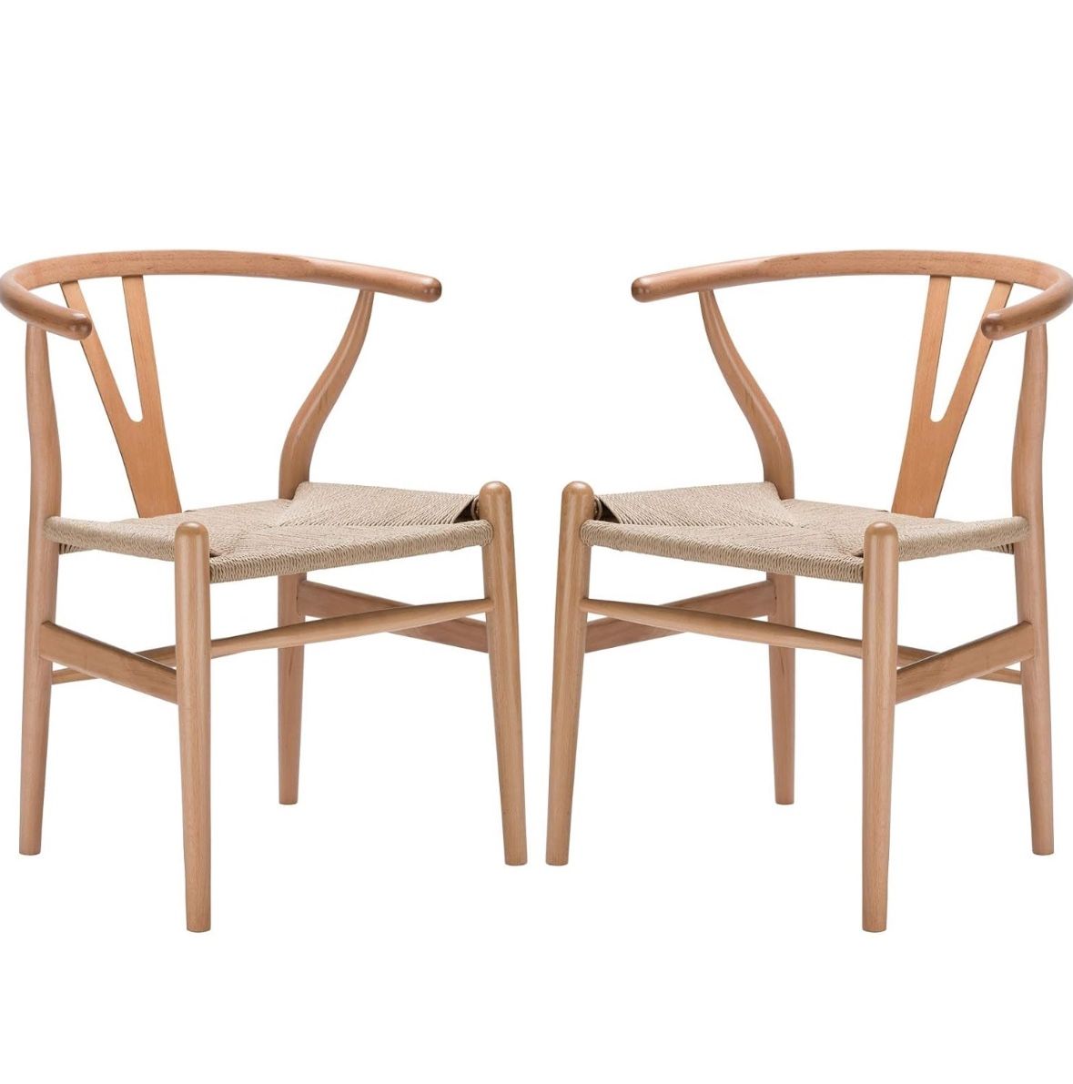 Poly and Bark | Weave Modern Wooden Mid-Century Dining Chair, Hemp Seat | Natural (Set of 4)