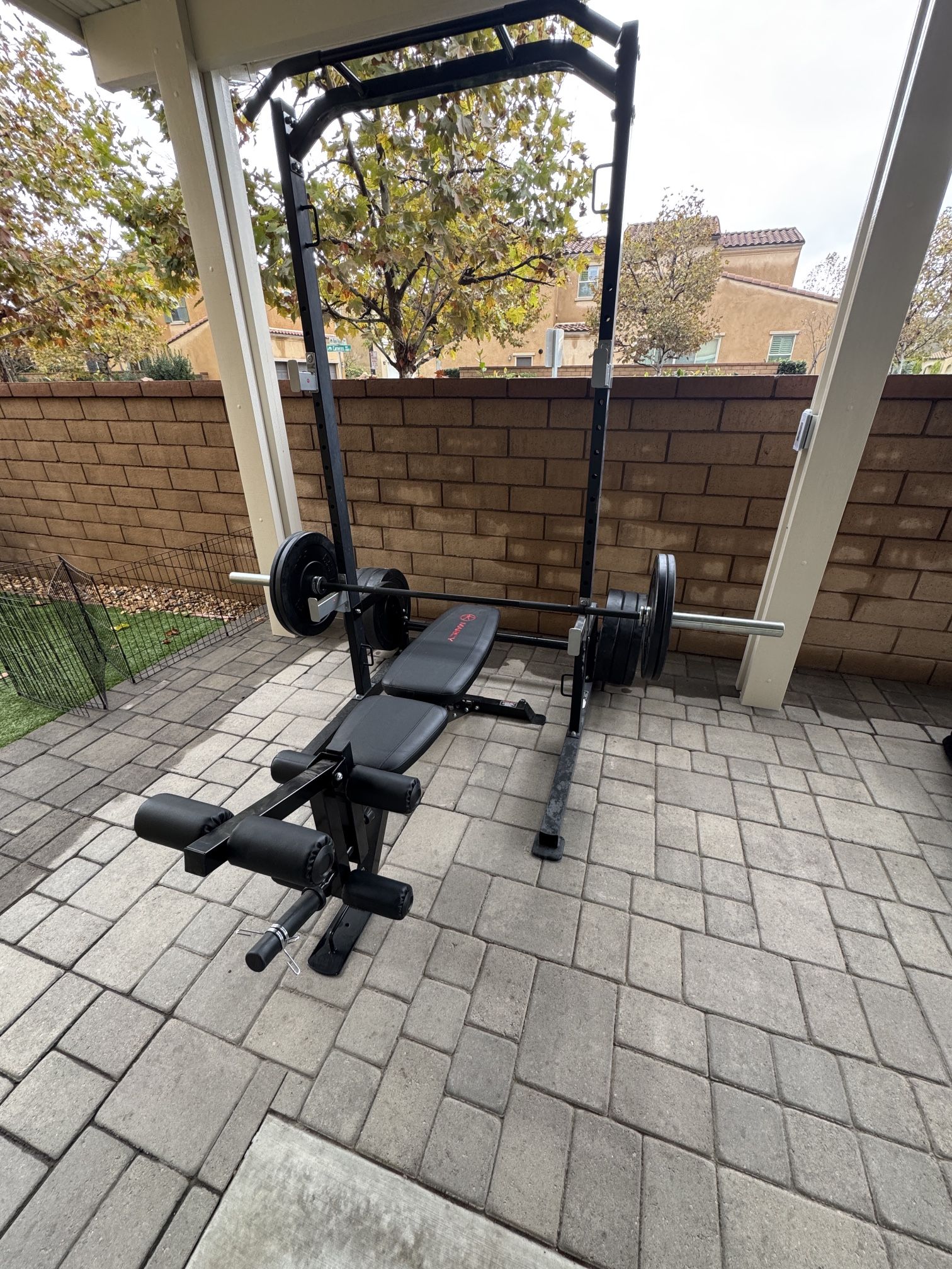 🏋️‍♂️ Premium Marcy Olympic Home Gym – Full Rubber Plate Set + Half Cage + Bench + Olympic Bar – Excellent Condition 
