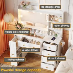 Large Makeup Vanity Table With Glass Top For Bedroom   Versatile Storage Solutions: Vanity table features 5 spacious drawers and 3 open she