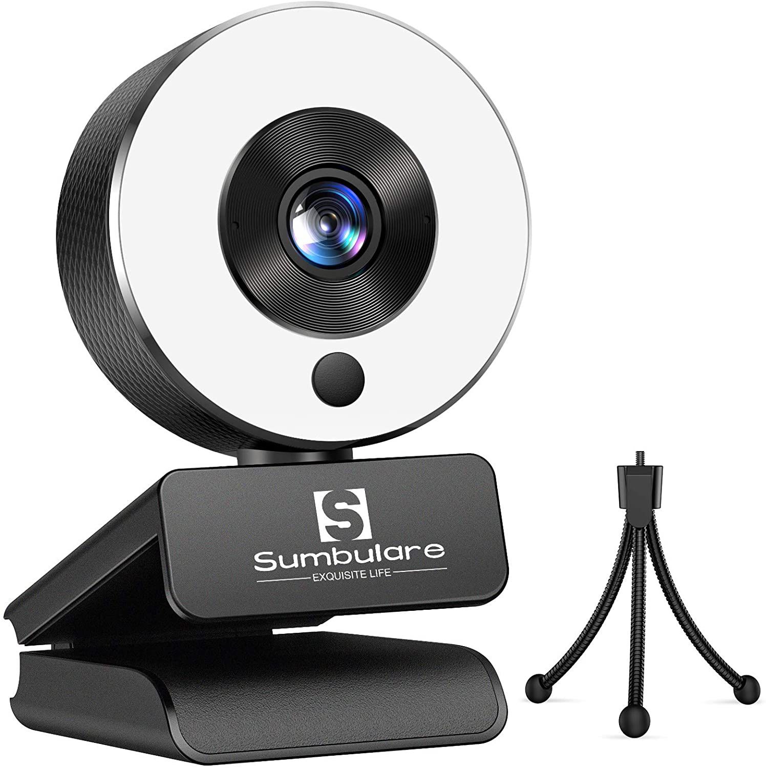 2K Ultra HD Streaming Webcam, sumbulare Webcam with Microphone, Adjustable Ring Light and Tripod, Plug and Play Web Camera, Autofocus AF PC Mac Video 