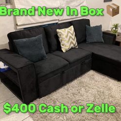 Brand New In Box 📦 Sectional Sofa Bed Couch 🛋️ USB port ✅  Pull out bed ✅  Reversible L ✅  Side pocket ✅  Storage underneath ✅  Shelves ✅