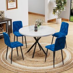 NEW FOUR (4) Blue Modern Kitchen Dining Room PU Upholstered Cushion Seat Sturdy Metal Leg Leather Dining Chairs