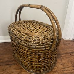 Vintage Oval Picnic Basket With Braided Wicker, Cane And Bamboo Handles