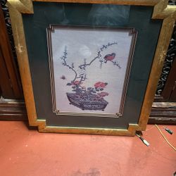 vintage gold wooden framed floral Asian print artwork
