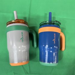 REDUCE 14 oz Coldee Tumbler with Handle for Kids - 2 Pack, Leakproof Insulated Stainless Steel Mug with Lid & Spill-Proof Straw, Keeps Drinks Cold up 