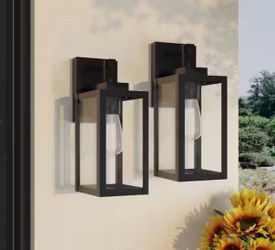 14 in. 1-Light Matte Black Outdoor Hardwired Wall Lantern Sconce with Clear Glass Shade, No Bulbs Included (2-Pack)