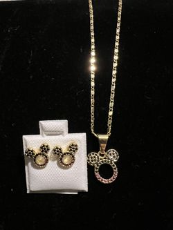 Mickey Mouse 14K Gold Plated Chain+Pendant And Earrings 
