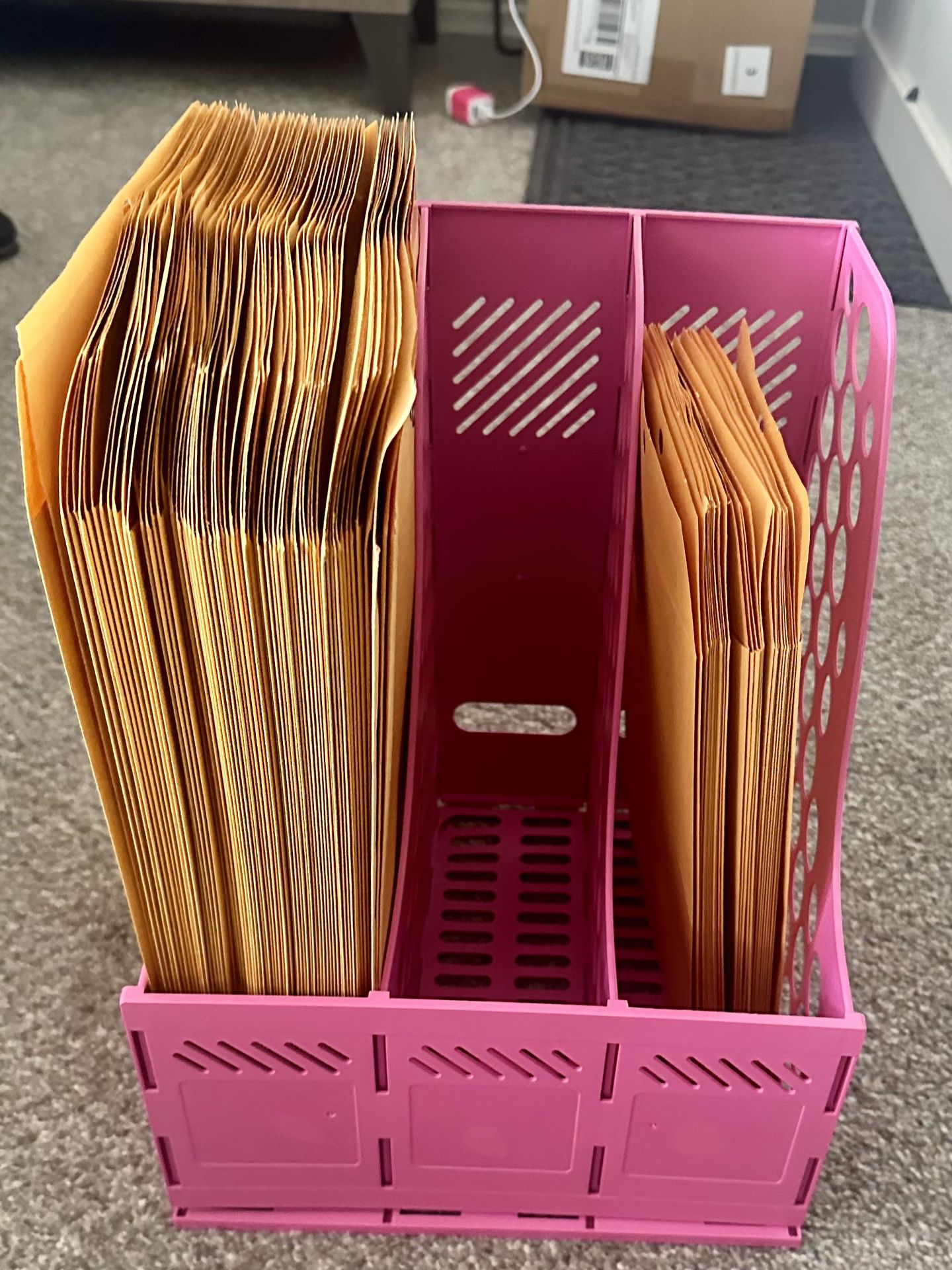 64 TOTAL Manila Clasp envelopes 37 are 9x12 and 27 are 6 1/2 x 9 1/2 with pink storage desktop organizer 
