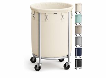 Rolling Laundry Hamper, Round Laundry Cart, 4 Casters and 2 Brakes, Cream White and Silver