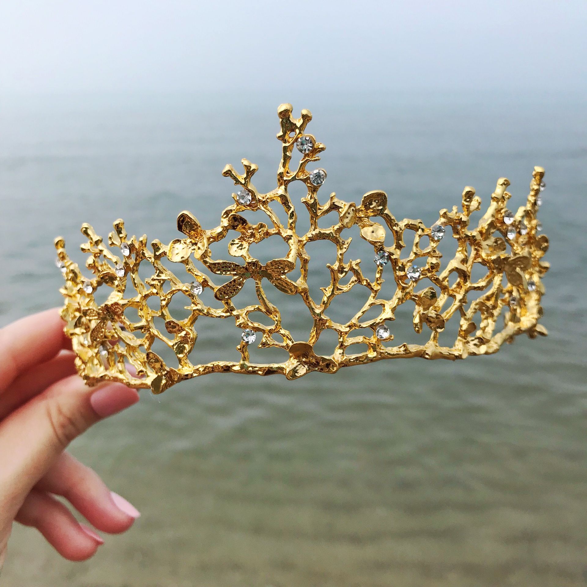 Gold Tone Mermaid Crown Seaweed Dragonfly Wedding Tiara
