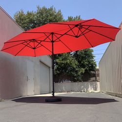 (Brand New) $130 Large 15FT Double Sided Outdoor Umbrella w/ 65 LBS Plastic Weight Base (Red/Gray) 