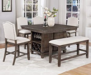 RUSTIC GRAY FINISH IVORY FABRIC 5 PIECE COUNTER HEIGHT DINING TABLE PDESTABLE STORAGE WINE RACK / COMEDOR GRIS MESA 4 SILLAS