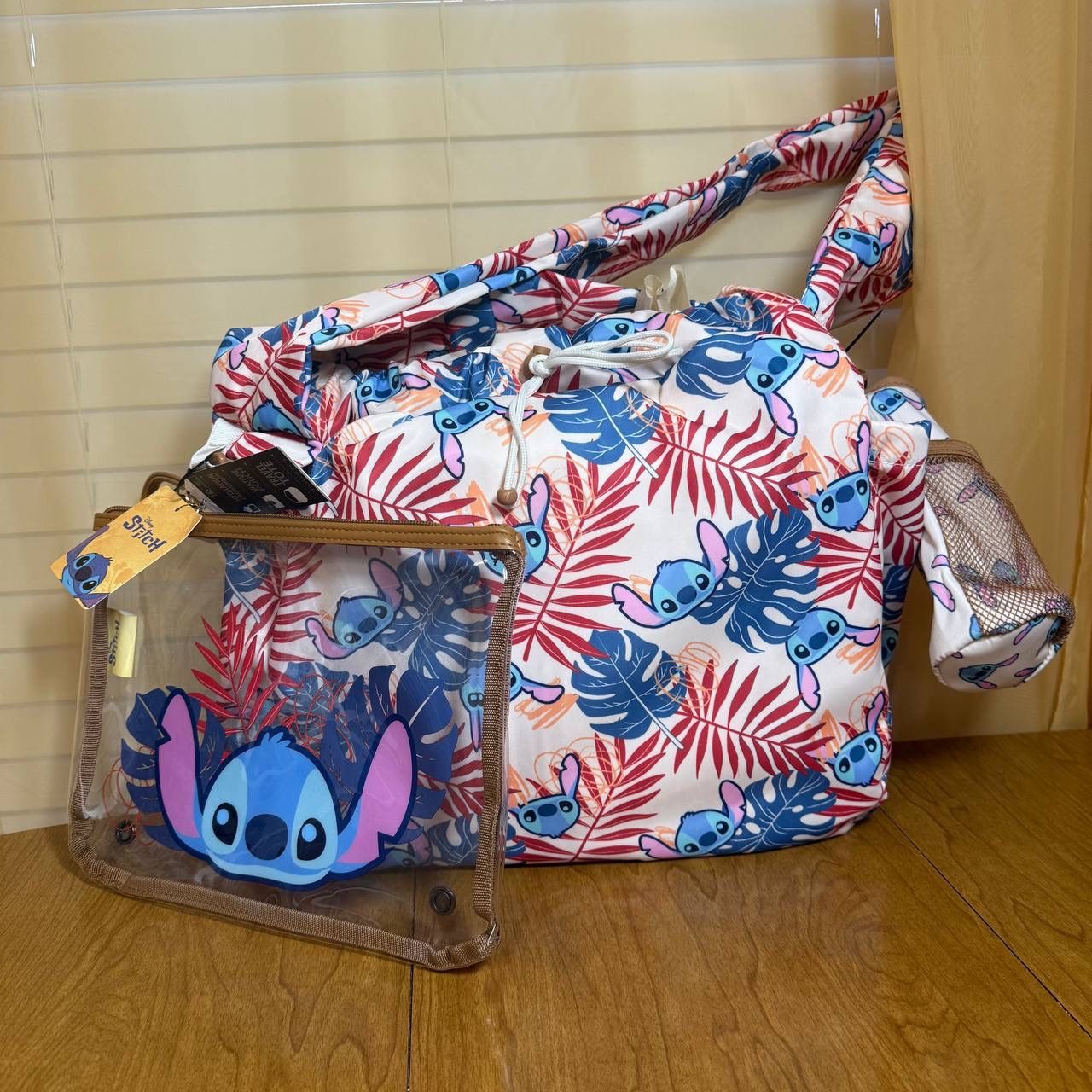 Disney Stitch Hawaiian Hobo Beach Bag, Clear Bag, Bottle Big Strap Authentic New