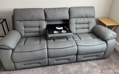 Gray Leather Reclining Sofa with Console
