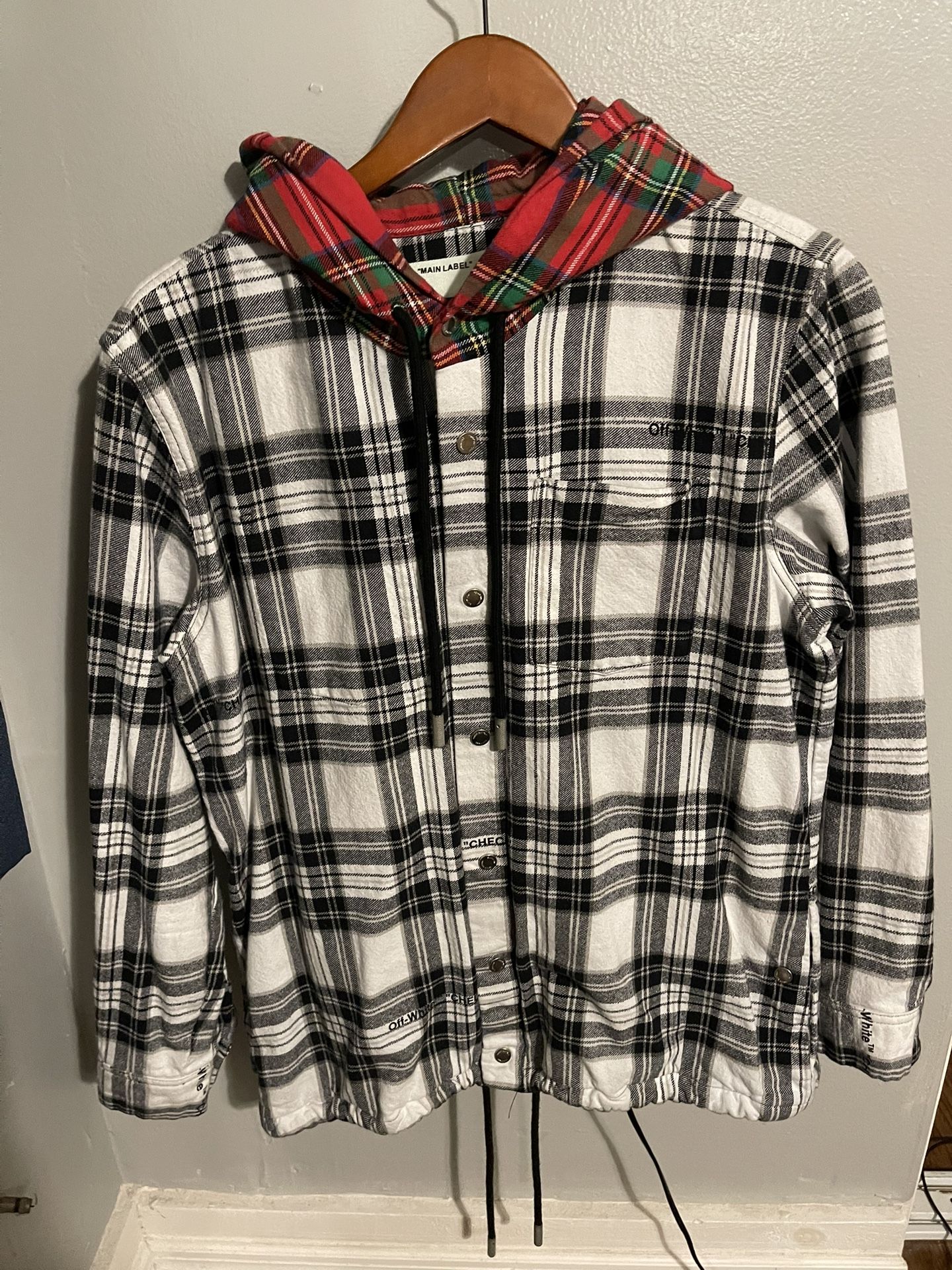 OFF-WHITE C/O VIRGIL ABLOH “CHECK SHIRT” HOODED FLANNEL JACKET SIZE LARGE