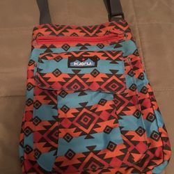 KAVU Crossbody Purse Bag Shoulder Bag-Blue-Red-Black Geometric Print-11" L-EUC