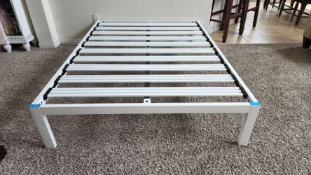 Full Size White Strong 100% Steel Construction Bed Frame with Steel Slats Support. No Box Spring Needed