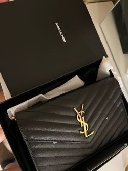 YSL CrossBody -CASSANDRE ENVELOPE CHAIN WALLET IN GRAIN DE POUDRE LEATHER BLACK