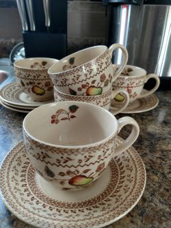 Staffordshire Old Granite Fruit Sampler Tea Cups And Saucers