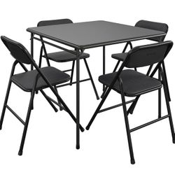 0662 COSCO Premium 5-Piece Dining Set, with 34" Vinyl Top Card Table and 4 Fabric Padded Seat & Back Folding Chairs, Black