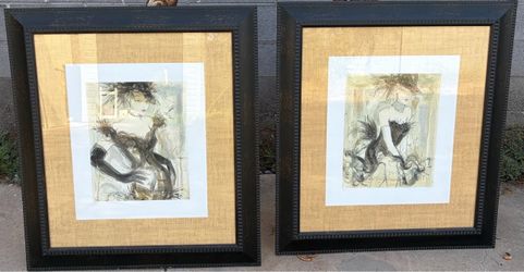 Huge 38"x32" Signed Karen Dupré Art Deco Showgirl Framed Lithographs Pair - Set of 2