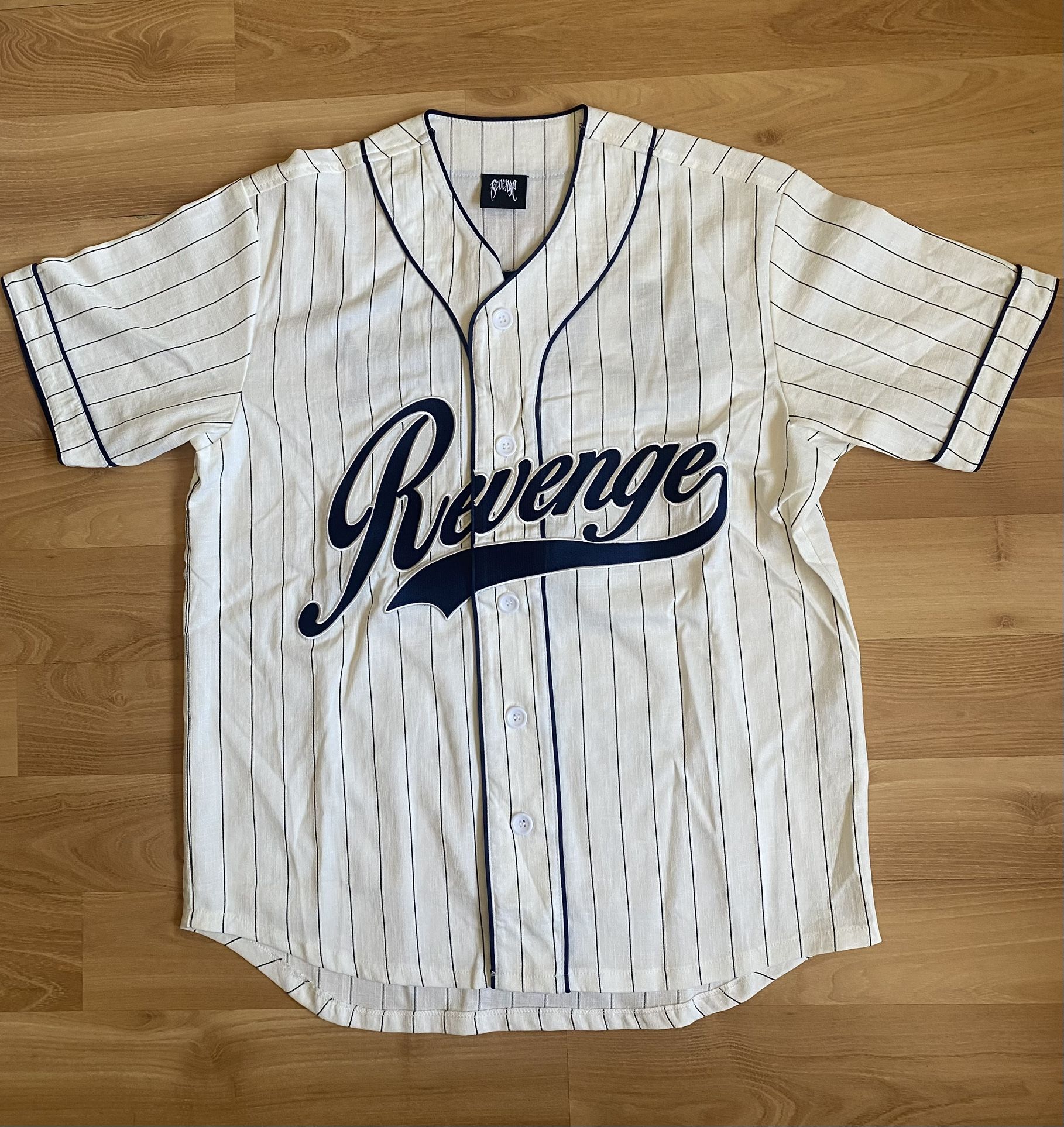 Revenge Pinstripe Baseball Jersey (White)