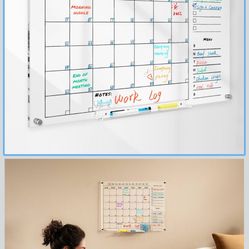 Acrylic Wall Calendar For Wall – 17” x 13” Dry Erase Calendar Board, Clear Monthly Planner for Wall with Tray, Chalk Markers, Eraser & Reusable Notes 