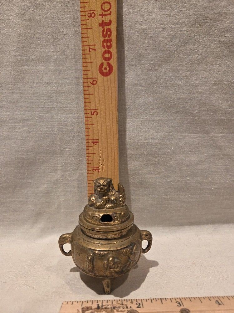 Mini Asian Brass Foo Dog Incense Burner, Elephant Handles 3 1/4" X 3"