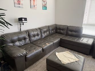 Large Dark Gray Sectional Sofa + Ottoman – $150