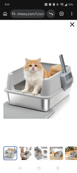 FURTIME  Stainless Steel Cat Litter Box with Lid, Metal Kitty Litter Box for Small Cats, Kitten Litter Boxs with Non-Sticky, Anti-Leakage, Easy to Cle