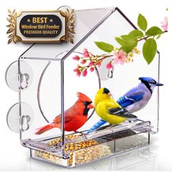 Premium Window Bird Feeder for Outside - Clear Bird House w/Largest Window for Viewing Birds - Easy to Install & Sturdy Feeder w/Extra Strong Suction 