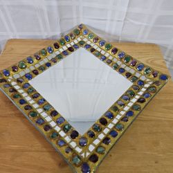 Jeweled colorful stones vanity tray/mirror. 12" x 12" square 