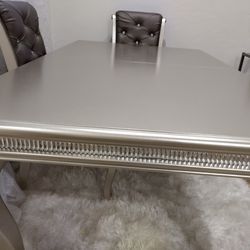 Beautiful Champagne- Silver Dining Room Table Set With Four Chairs