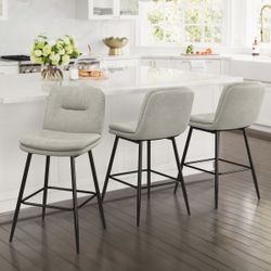3X Beige Gray 24” Double Layer Faux Leather Barstools 