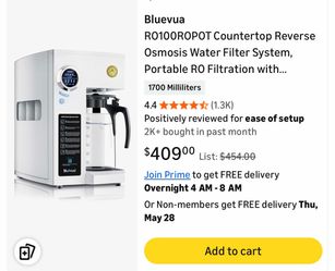 BRAND NEW Bluevua RO100ROPOT Countertop Reverse Osmosis Water Filter System, Portable RO Filtration with Remineralization, No Installation, WQA Certif