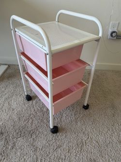 IKEA Desk + Pink Rolling Cart + 2 Lamps + Alarm Clock, $80