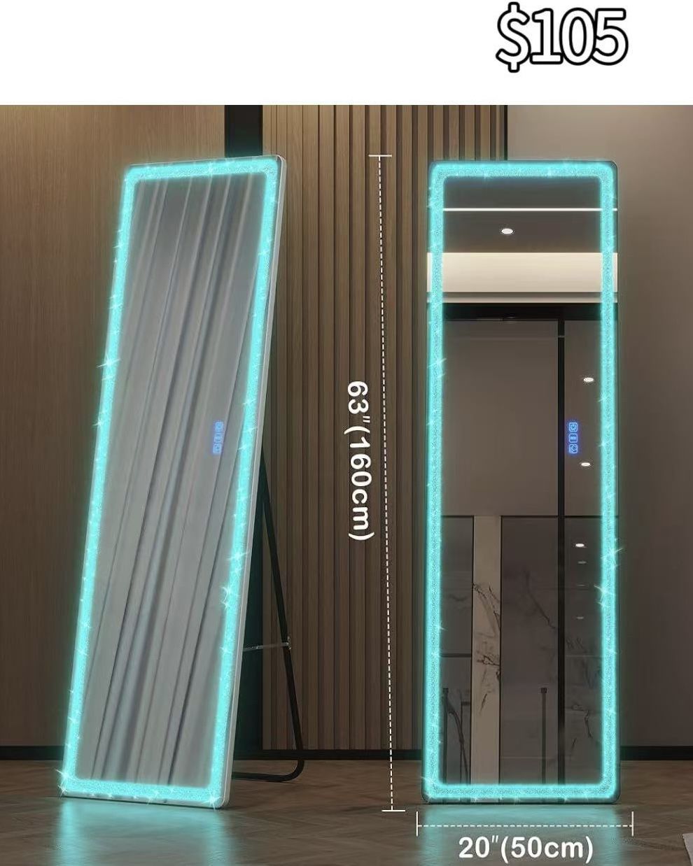 😀 Full Length Mirror with RGB LED Lights, Full Body Lighted Mirror with Crushed Diamond, 63x20 Free Standing Floor Mirror, Wall Mounted Mirror
