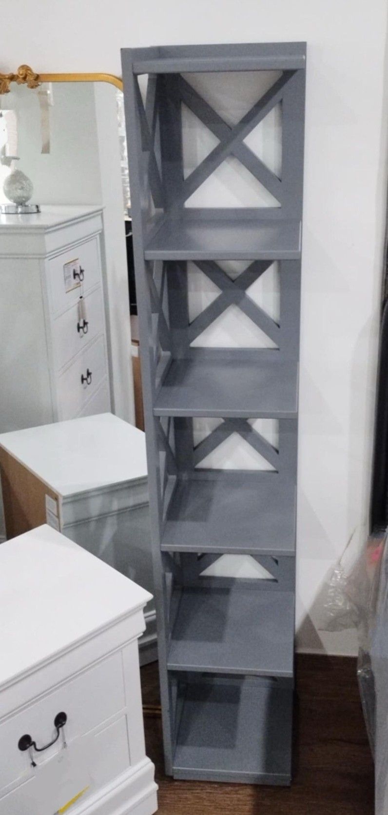 5 Gray Shelf Corner Bookcase Or Plant Stand (New)