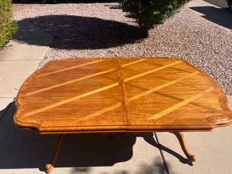 Vintage Marquetry Pedestal Dining Table and 6 Cane Back Chairs